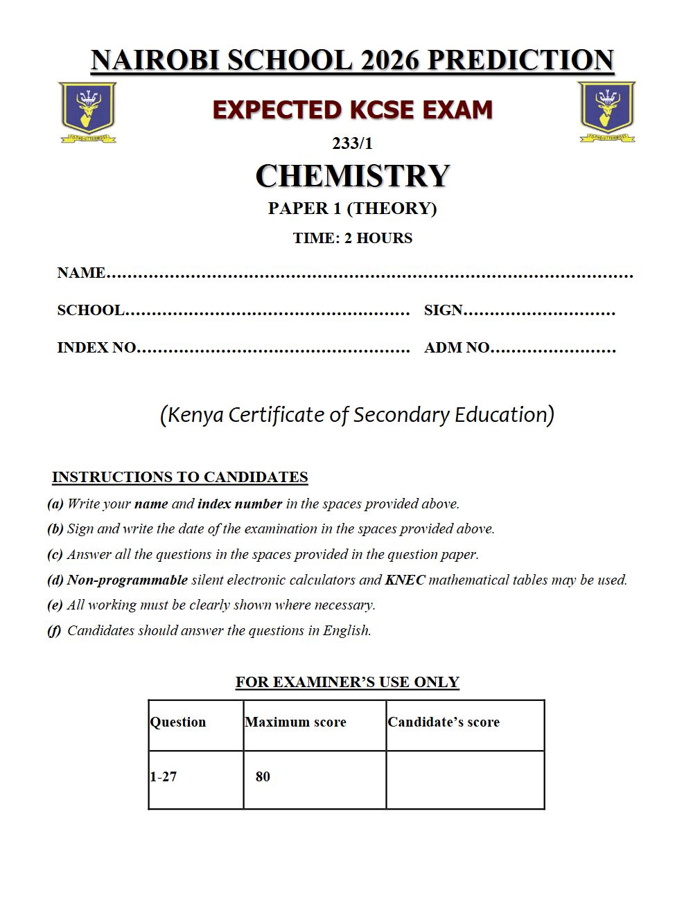 Thumbnail preview of Form 4 Chemistry Paper 1 KCSE Prediction 2026_27