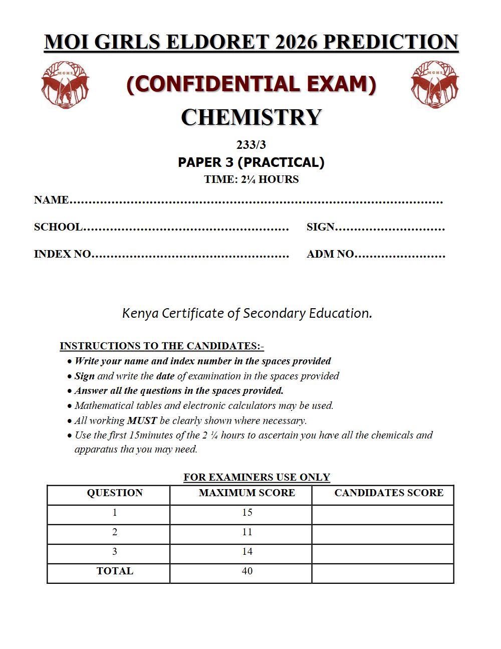 Preview of Form 4 KCSE Prediction Chemistry Paper 3 Prediction Paper 2026