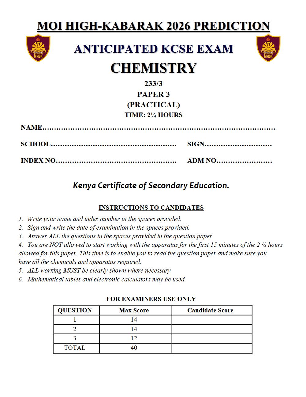 Preview of Form 4 KCSE Prediction Chemistry Paper 3 Prediction Paper 2026