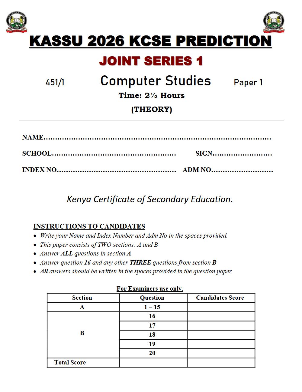 Thumbnail preview of Form 4 Computer Studies Paper 1 KCSE Prediction 2026_10