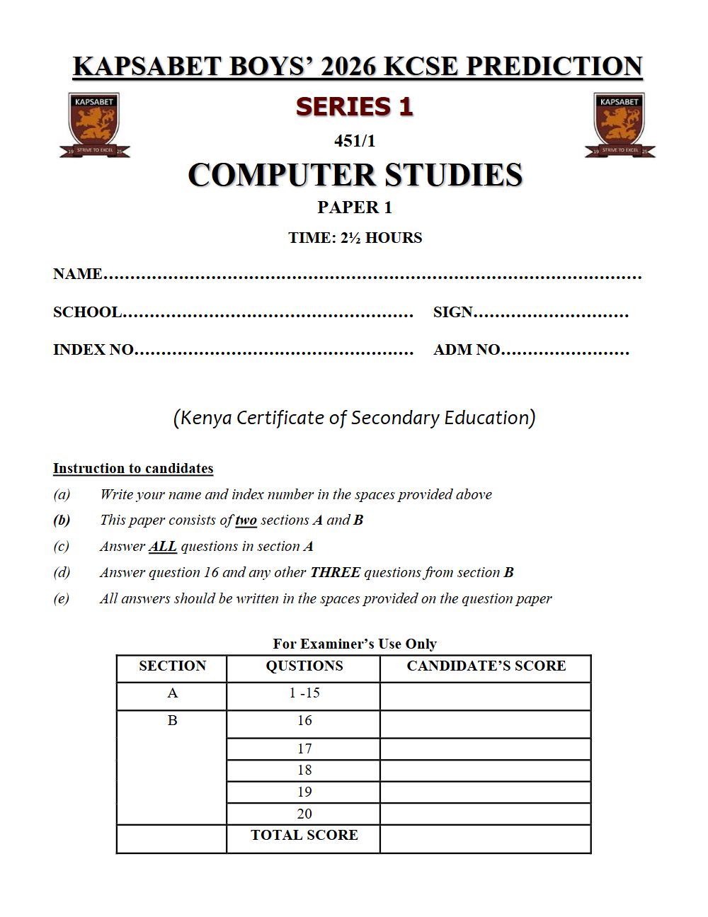 Thumbnail preview of Form 4 Computer Studies Paper 1 KCSE Prediction 2026_12