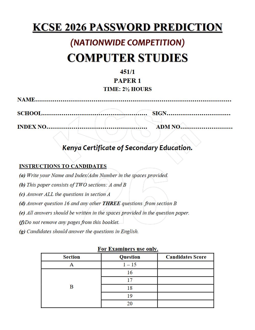Thumbnail preview of Form 4 Computer Studies Paper 1 KCSE Prediction 2026_13