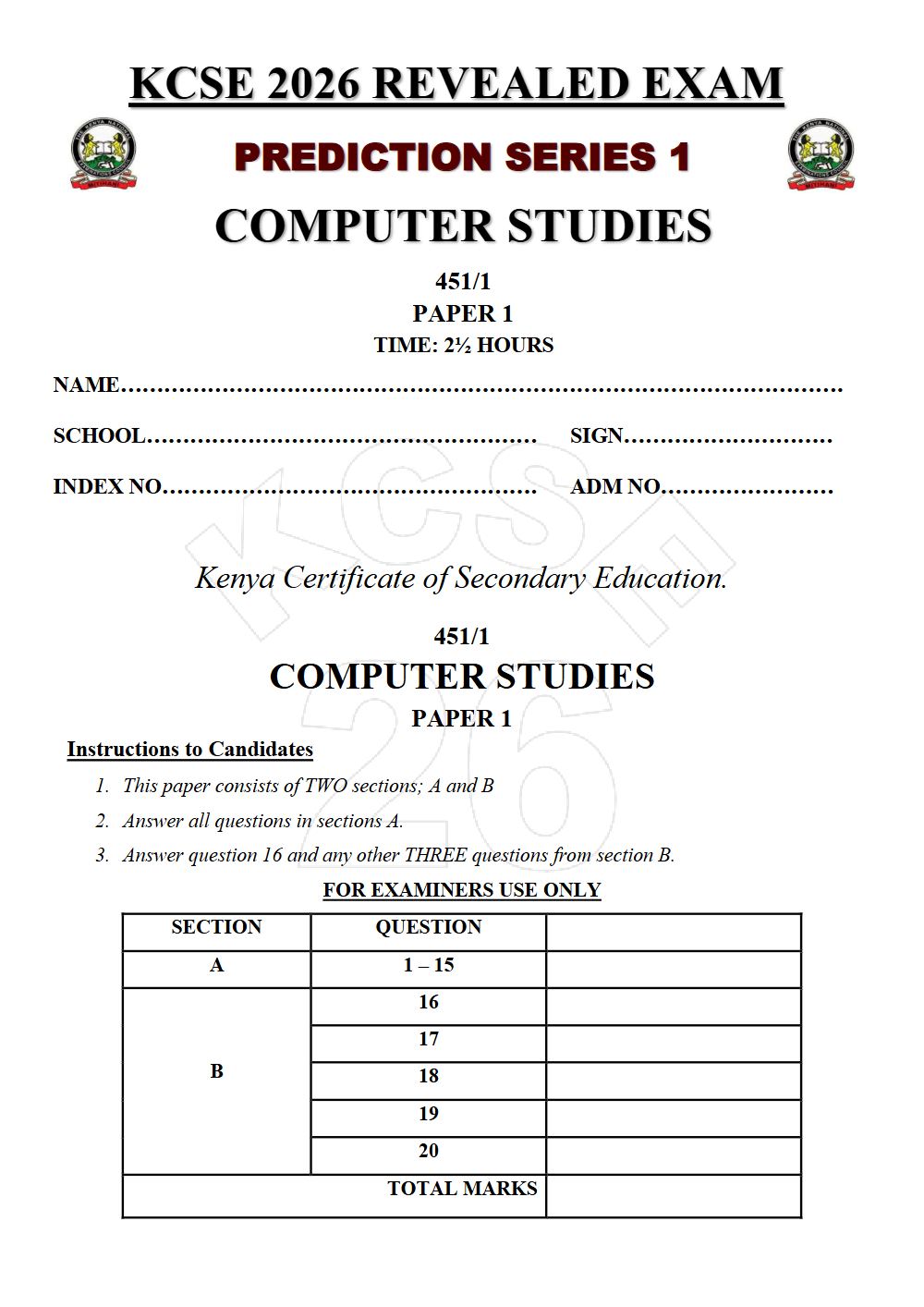 Thumbnail preview of Form 4 Computer Studies Paper 1 KCSE Prediction 2026_17