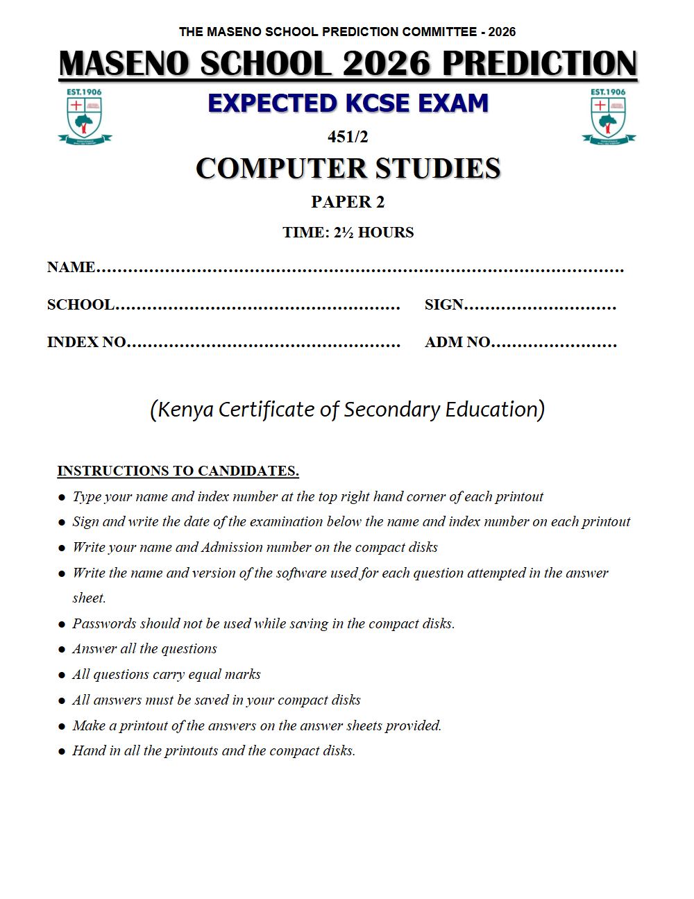 Thumbnail preview of Form 4 Computer Studies Paper 2 KCSE Prediction 2026_23