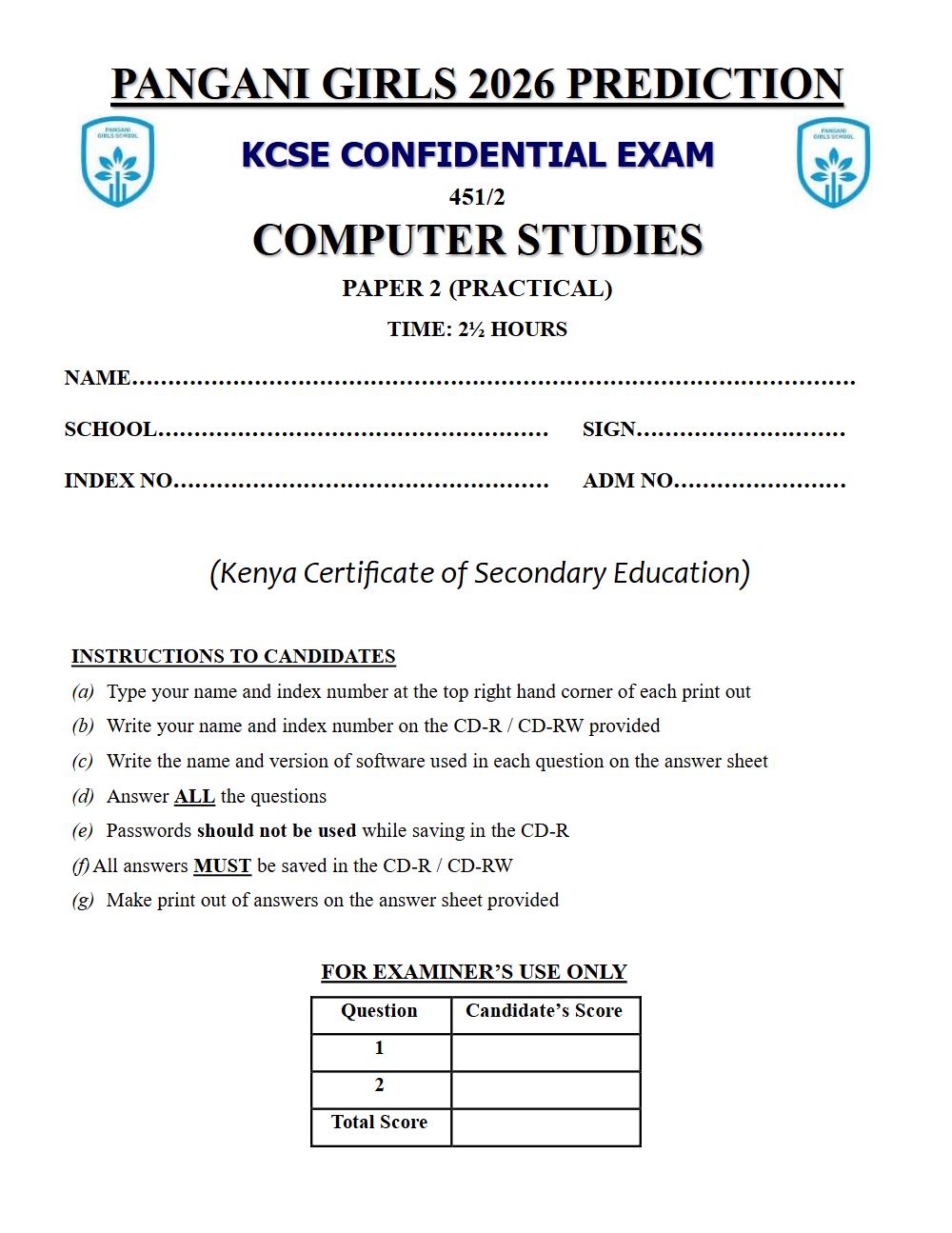 Thumbnail preview of Form 4 Computer Studies Paper 2 KCSE Prediction 2026_29