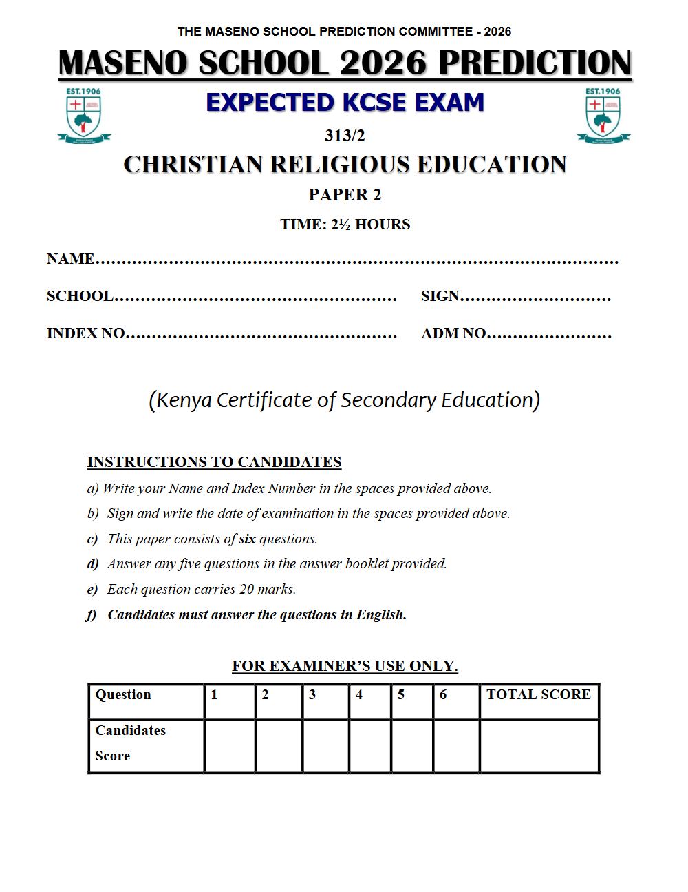 Thumbnail preview of Form 4 CRE Paper 2 KCSE Prediction 2026_23
