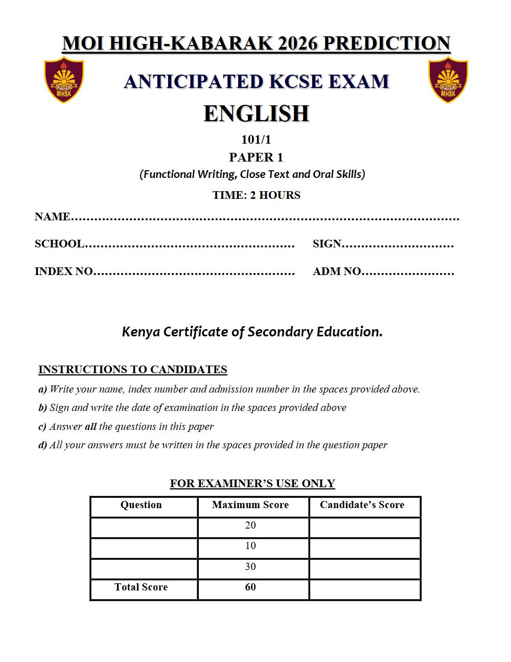Preview of Form 4 KCSE Prediction English Paper 1 Prediction Paper 2026