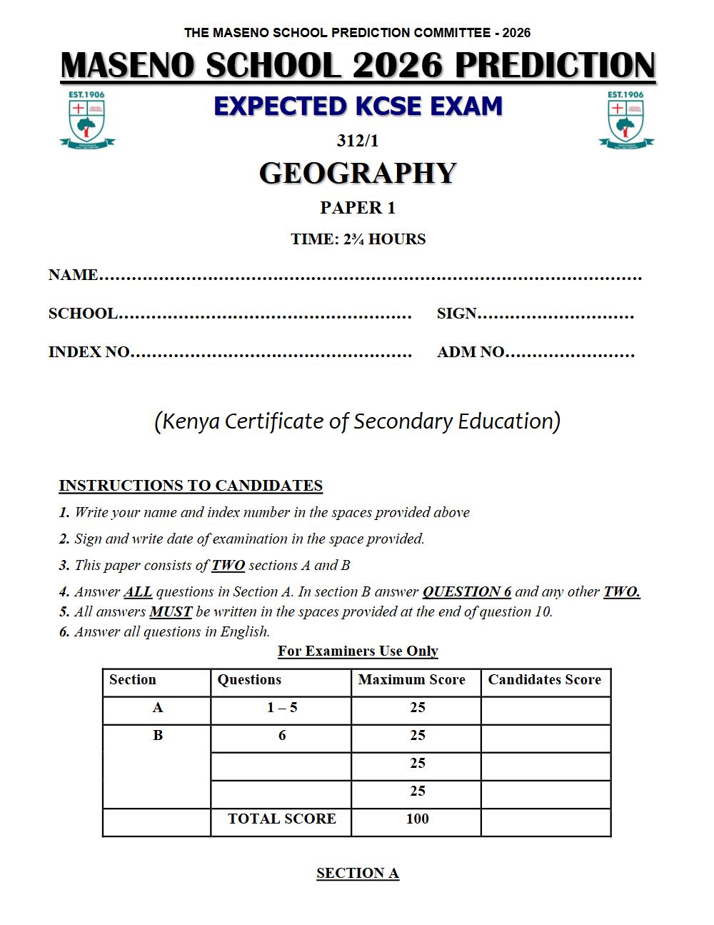 Thumbnail preview of Form 4 Geography Paper 1 KCSE Prediction 2026_23