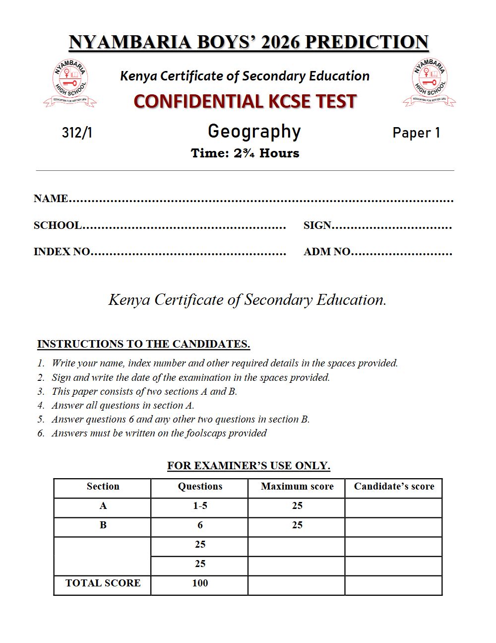 Thumbnail preview of Form 4 Geography Paper 1 KCSE Prediction 2026_28