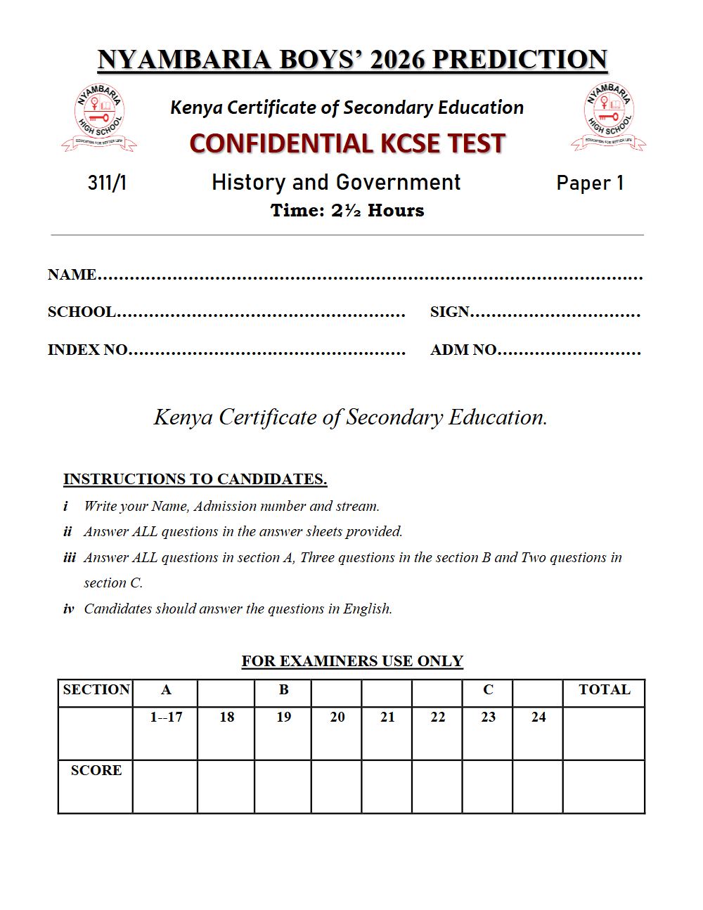 Thumbnail preview of Form 4 History and Government Paper 1 KCSE Prediction 2026_28