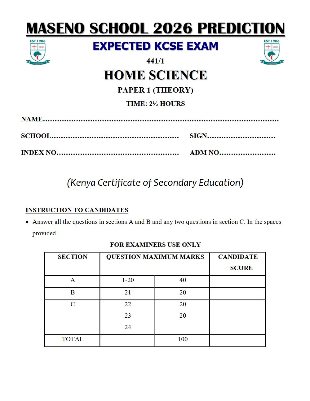 Thumbnail preview of Form 4 Home Science Paper 1 KCSE Prediction 2026_23