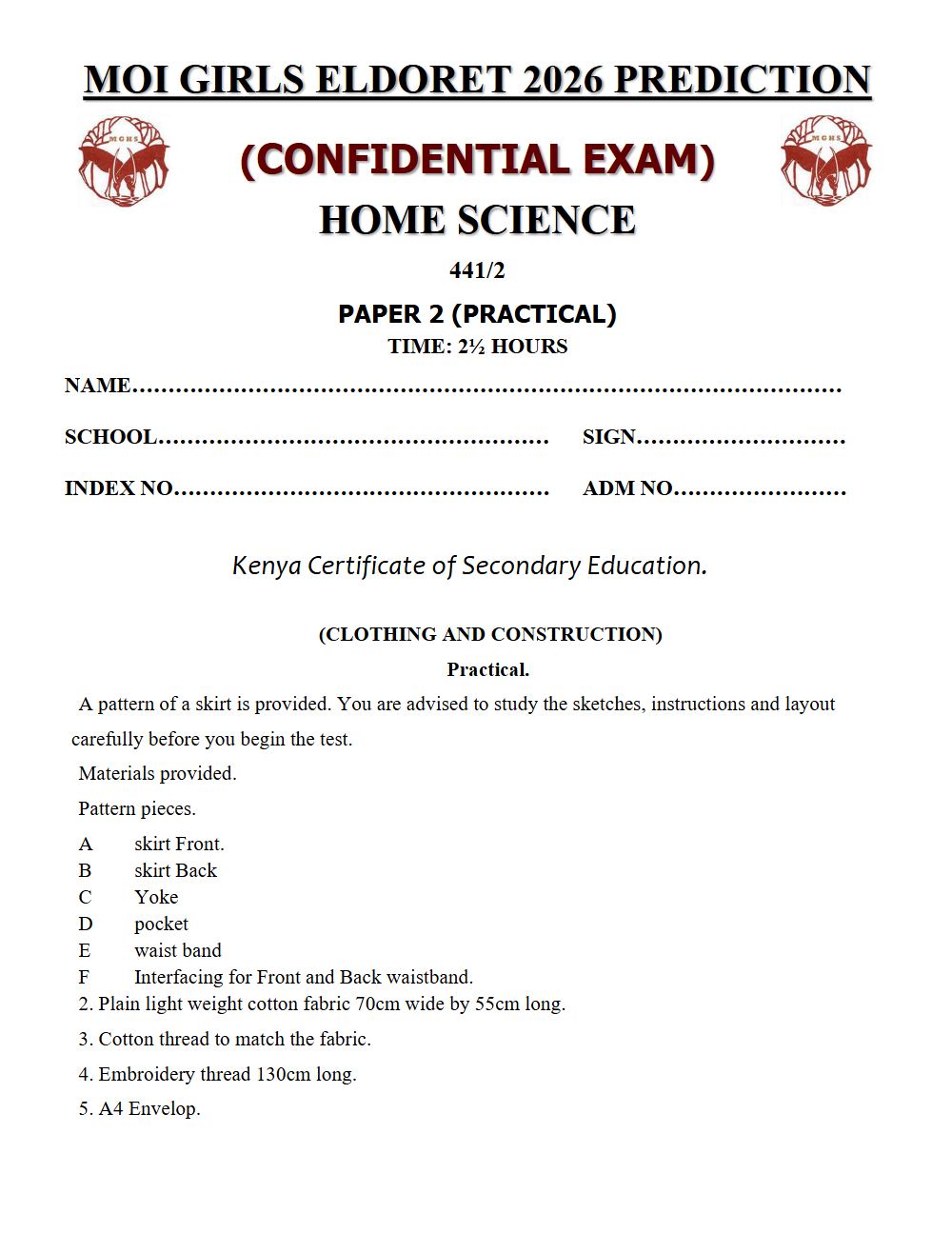 Preview of Form 4 KCSE Prediction Home Science Paper 2 Prediction Paper 2026
