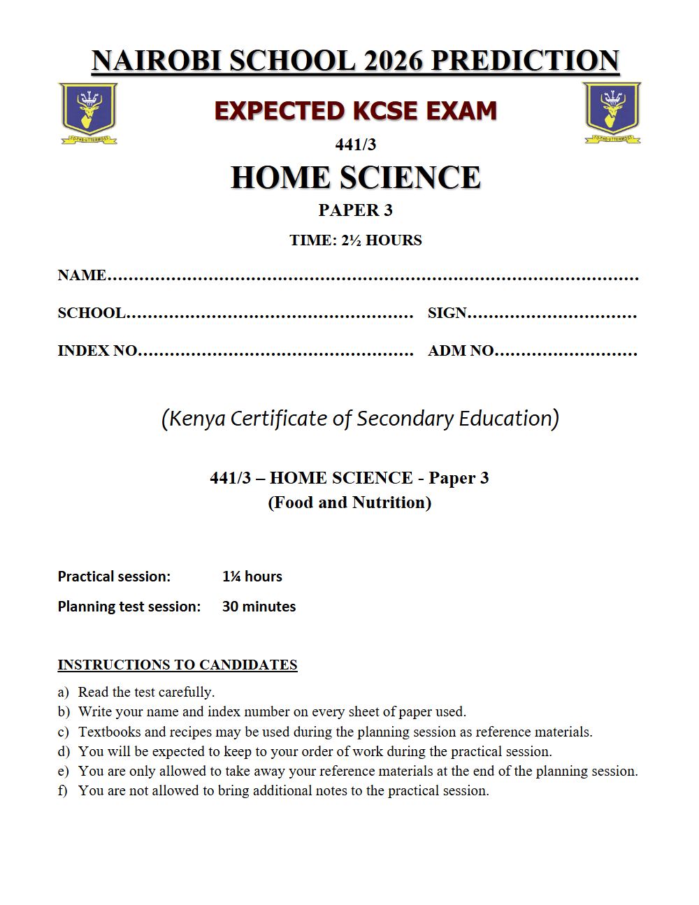 Thumbnail preview of Form 4 Home Science Paper 3 KCSE Prediction 2026_27
