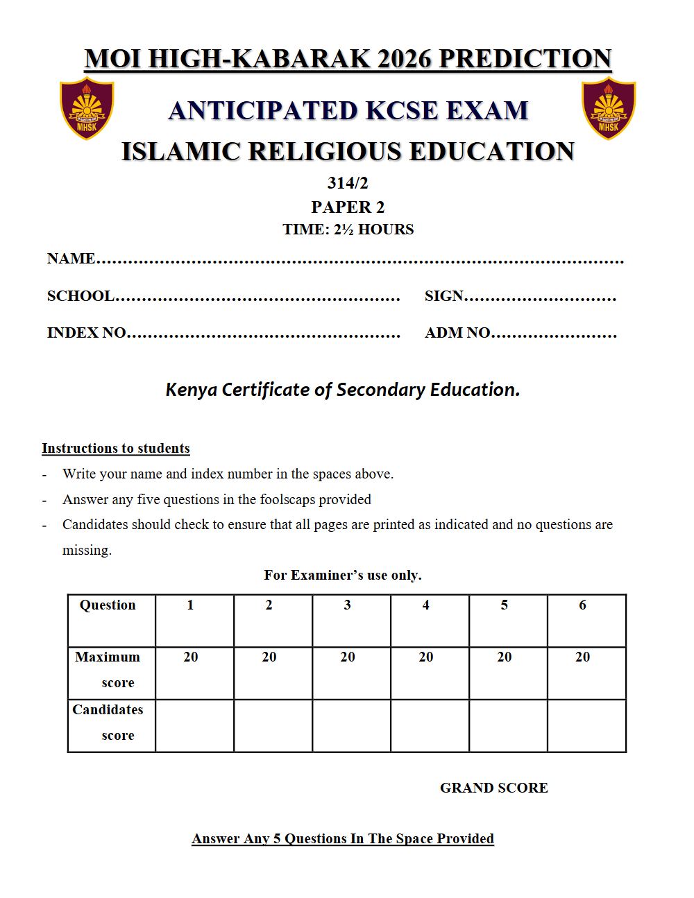 Preview of Form 4 KCSE Prediction Islamic Religious Education (IRE) Paper 2 Prediction Paper 2026