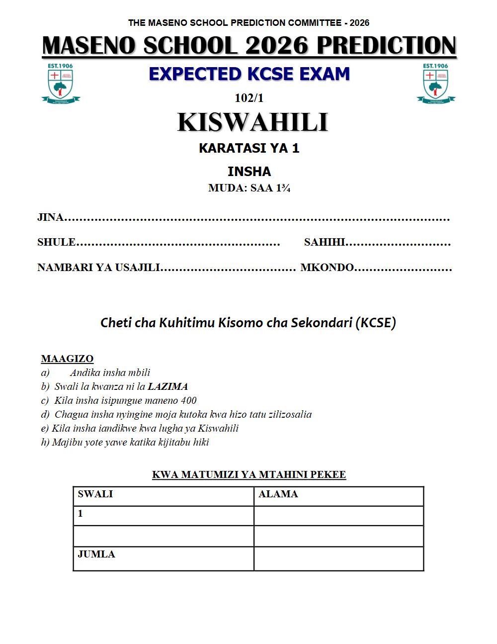 Thumbnail preview of Form 4 Kiswahili Paper 1 KCSE Prediction 2026_23