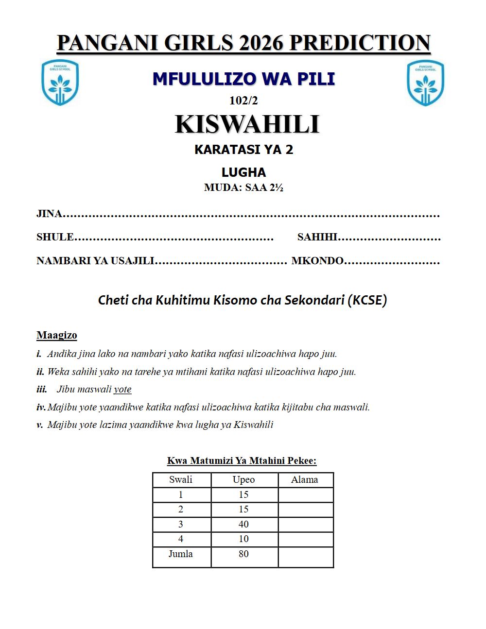 Thumbnail preview of Form 4 Kiswahili Paper 2 KCSE Prediction 2026_29