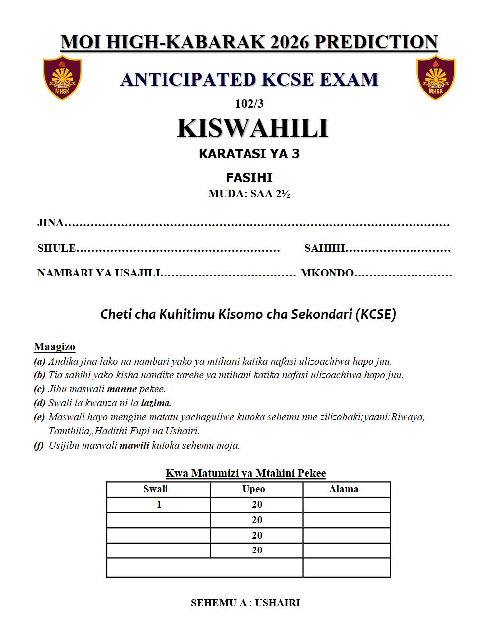 Thumbnail preview of Form 4 Kiswahili Paper 3 KCSE Prediction 2026_25