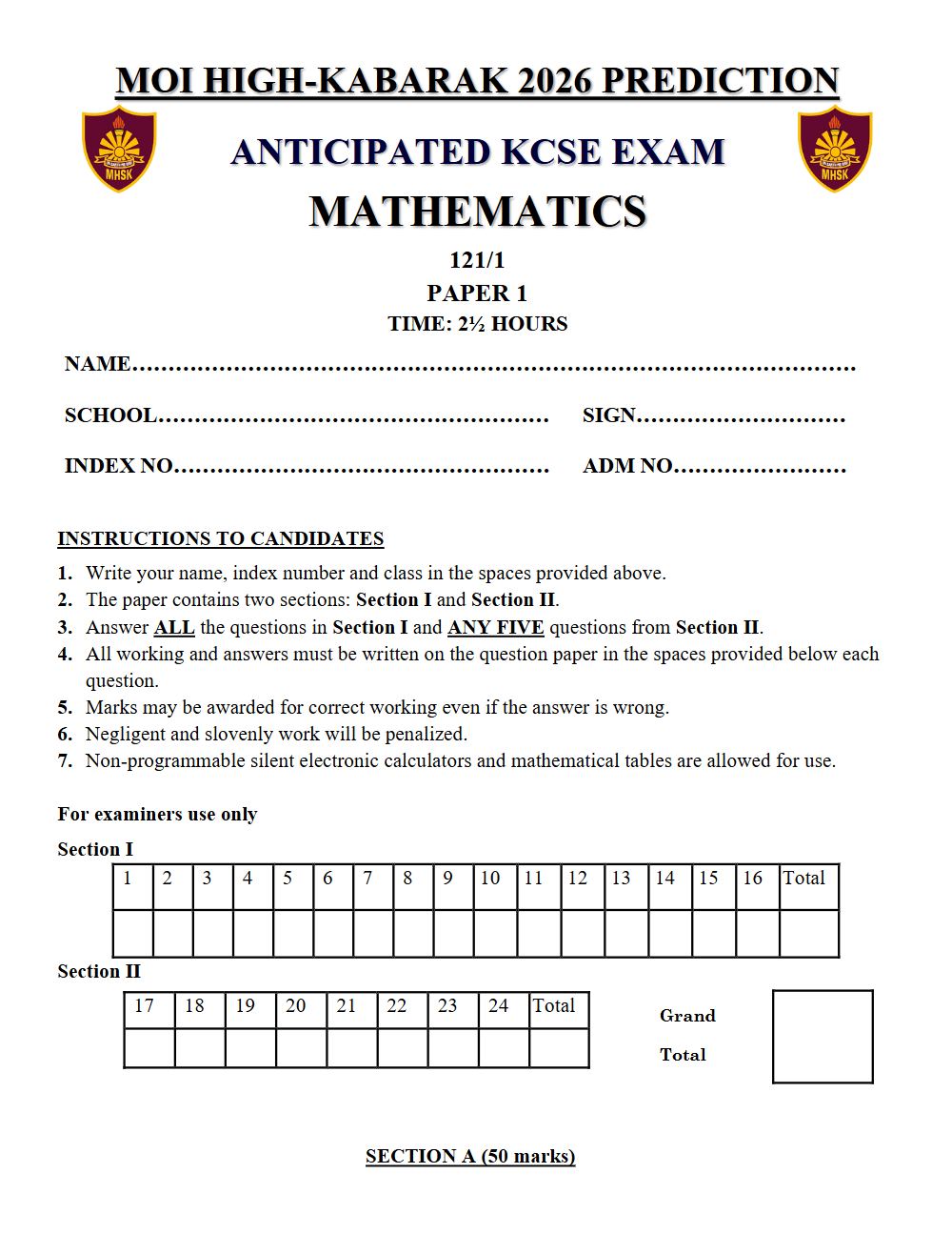 Thumbnail preview of Form 4 Mathematics Paper 1 KCSE Prediction 2026_25