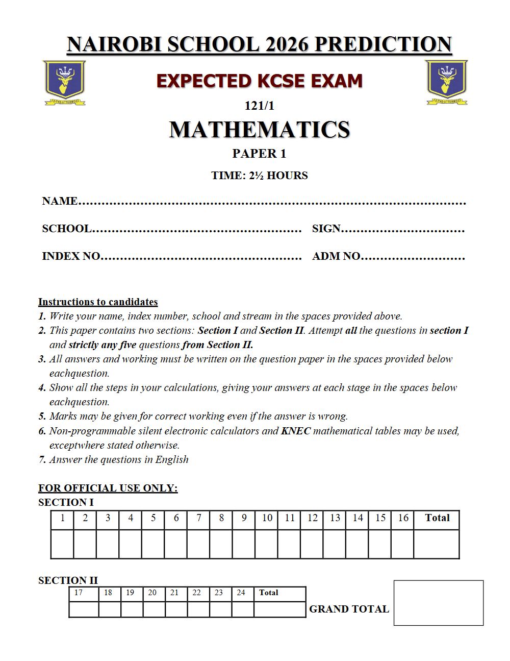 Thumbnail preview of Form 4 Mathematics Paper 1 KCSE Prediction 2026_27