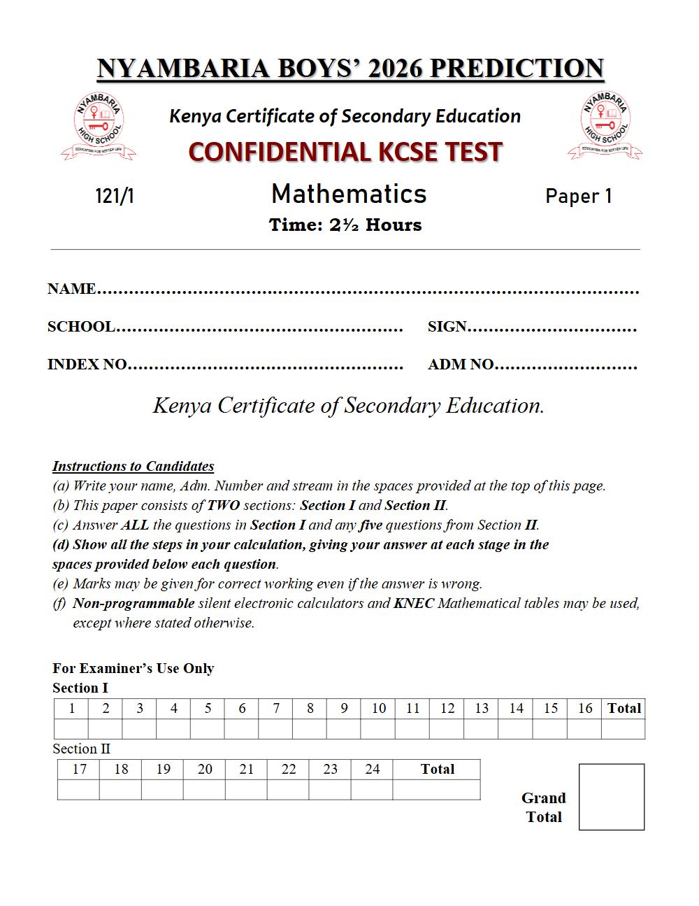Thumbnail preview of Form 4 Mathematics Paper 1 KCSE Prediction 2026_28