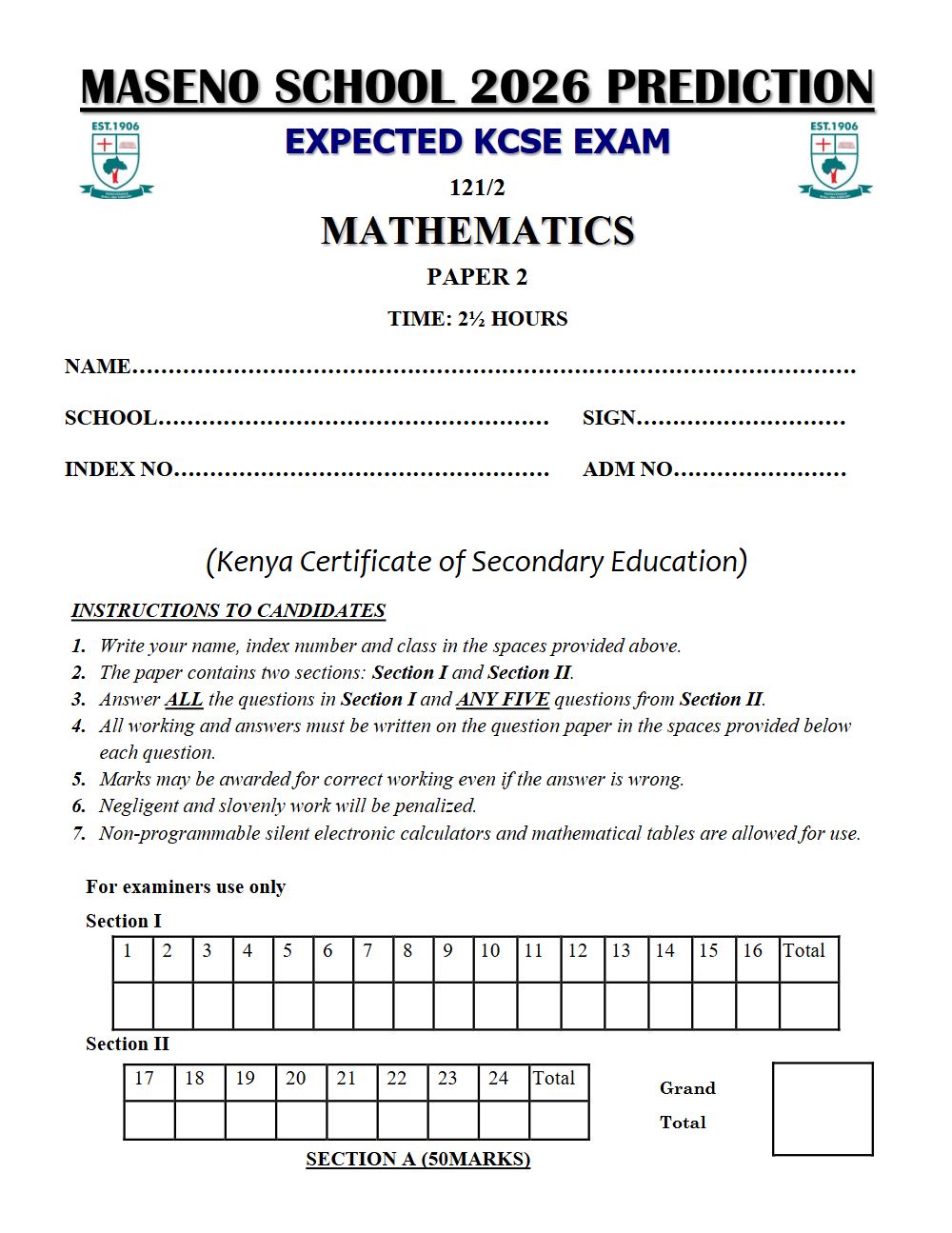 Thumbnail preview of Form 4 Mathematics Paper 2 KCSE Prediction 2026_23