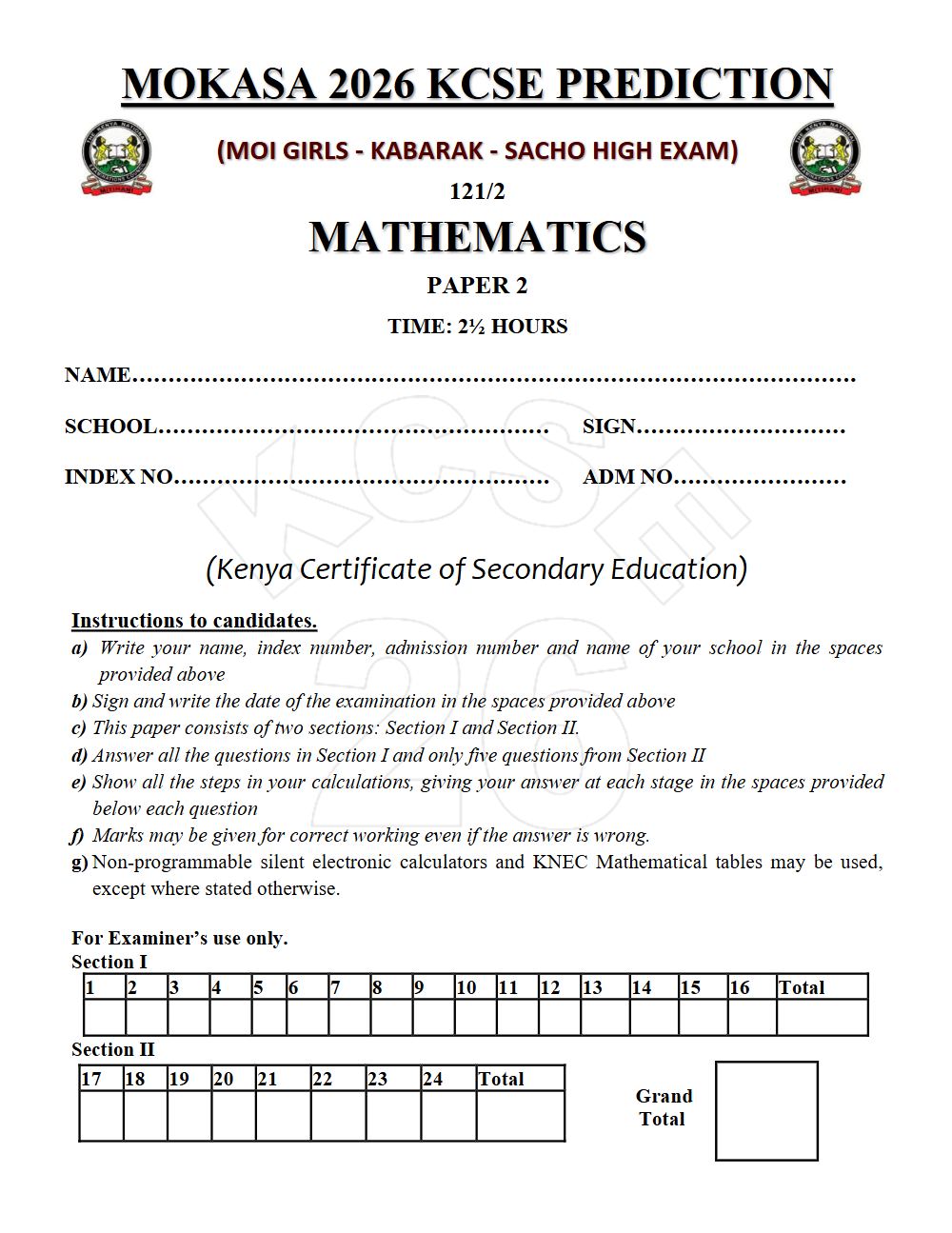 Thumbnail preview of Form 4 Mathematics Paper 2 KCSE Prediction 2026_26