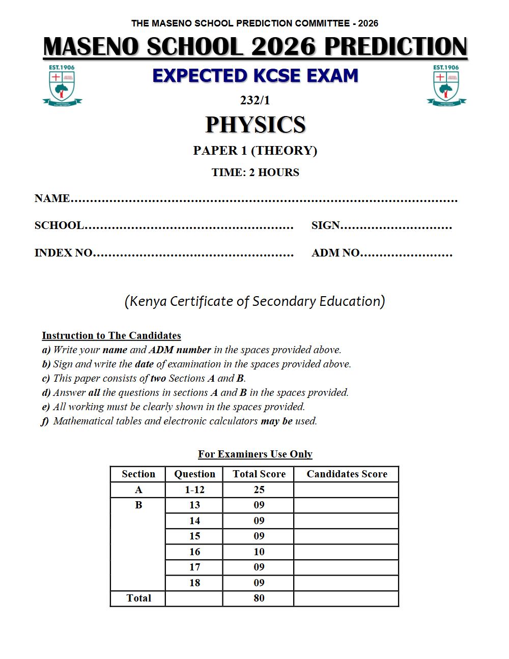Thumbnail preview of Form 4 Physics Paper 1 KCSE Prediction 2026_23