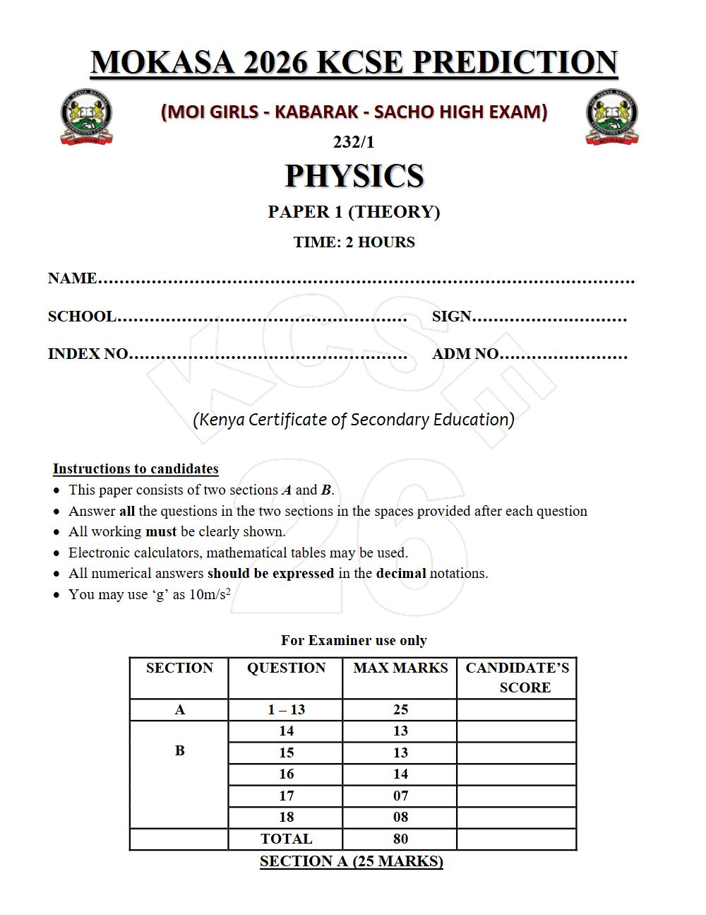 Thumbnail preview of Form 4 Physics Paper 1 KCSE Prediction 2026_26
