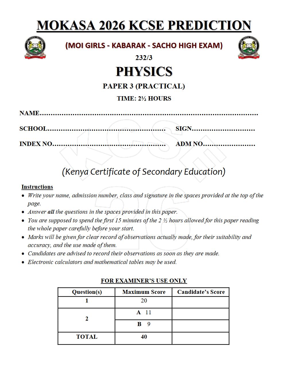Thumbnail preview of Form 4 Physics Paper 3 KCSE Prediction 2026_26