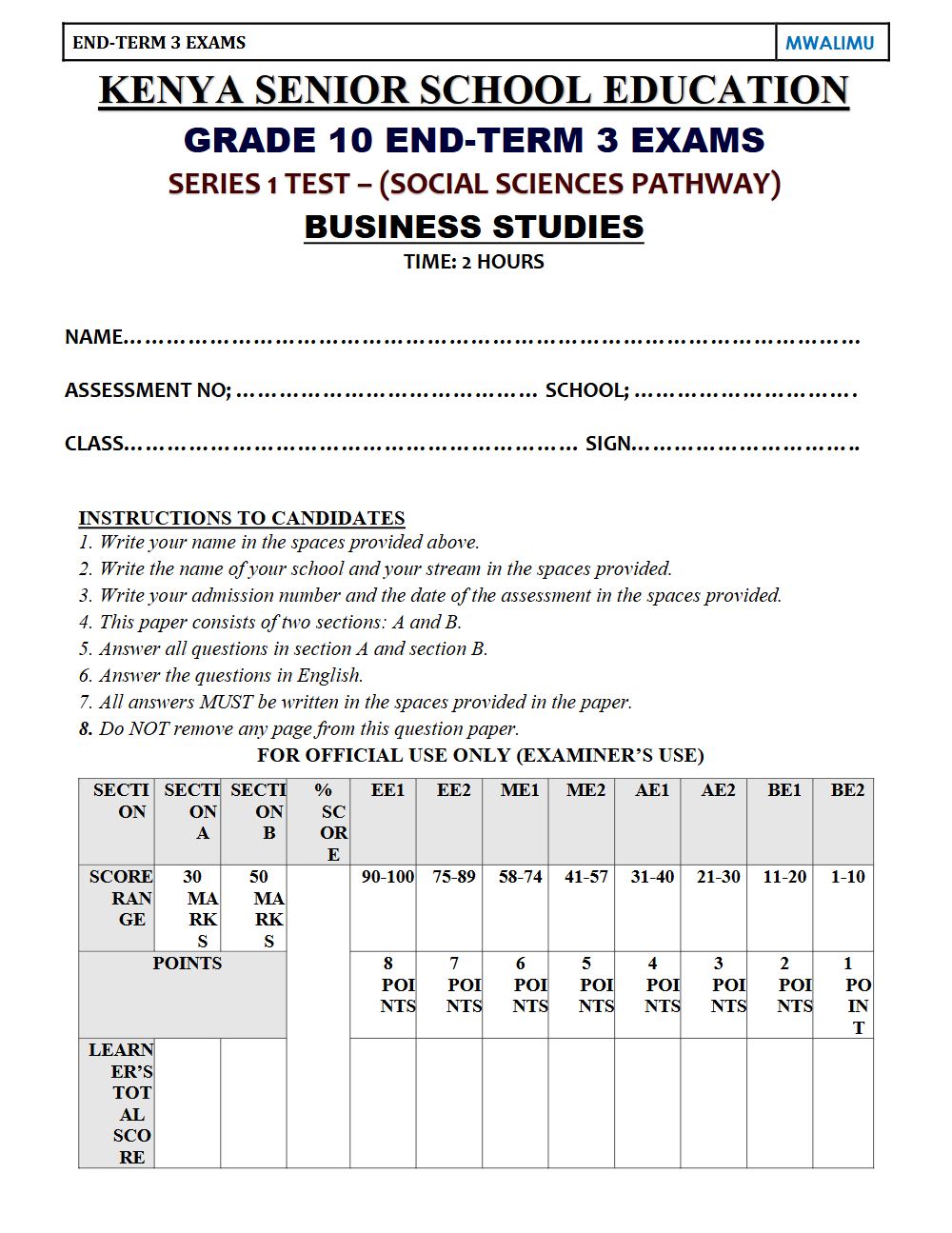 Thumbnail preview of Grade 10 Business Studies End Term 3 2026 Exam 6