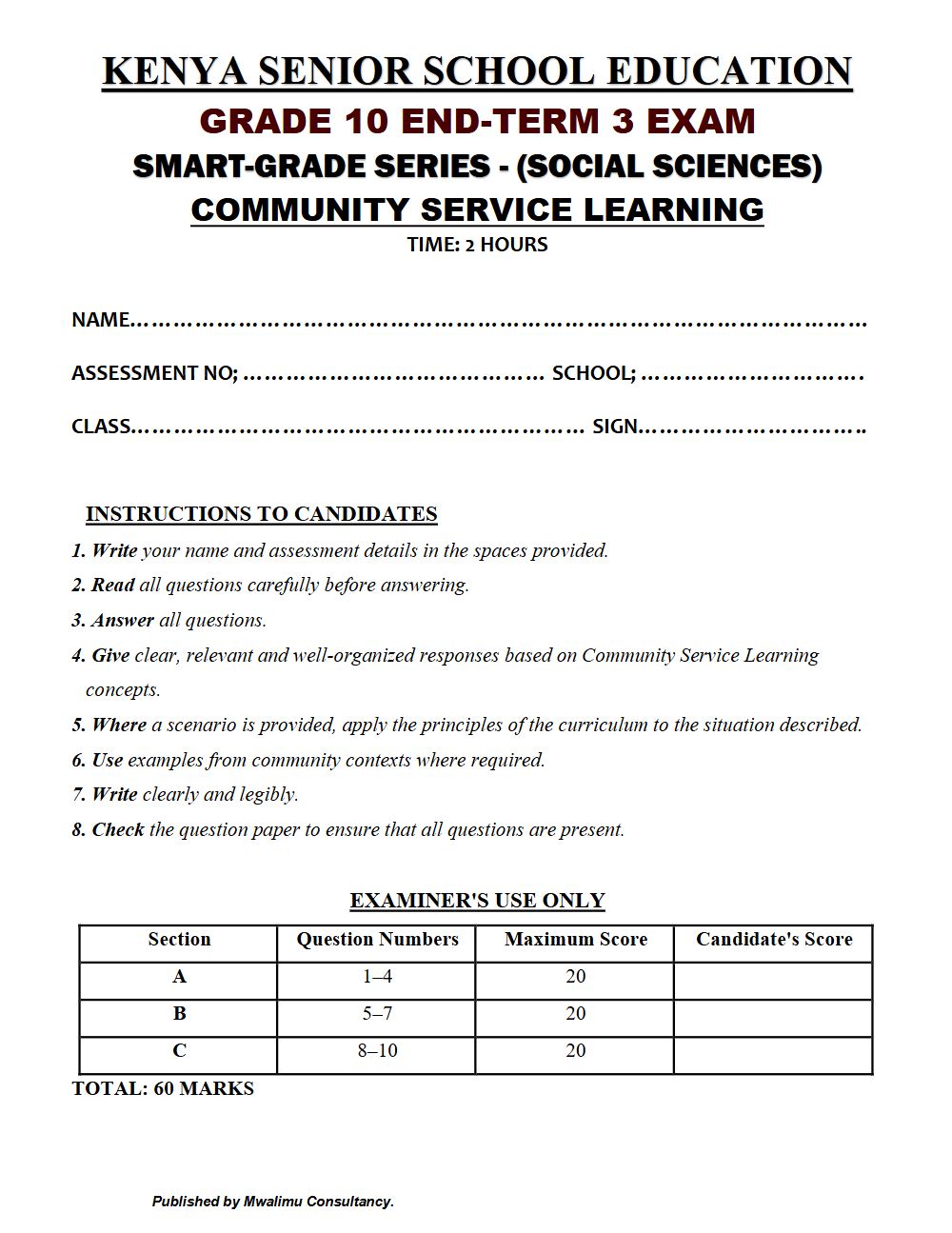 Thumbnail preview of Grade 10 Community Service Learning Paper 3 End Term 3 2026 Exam 7