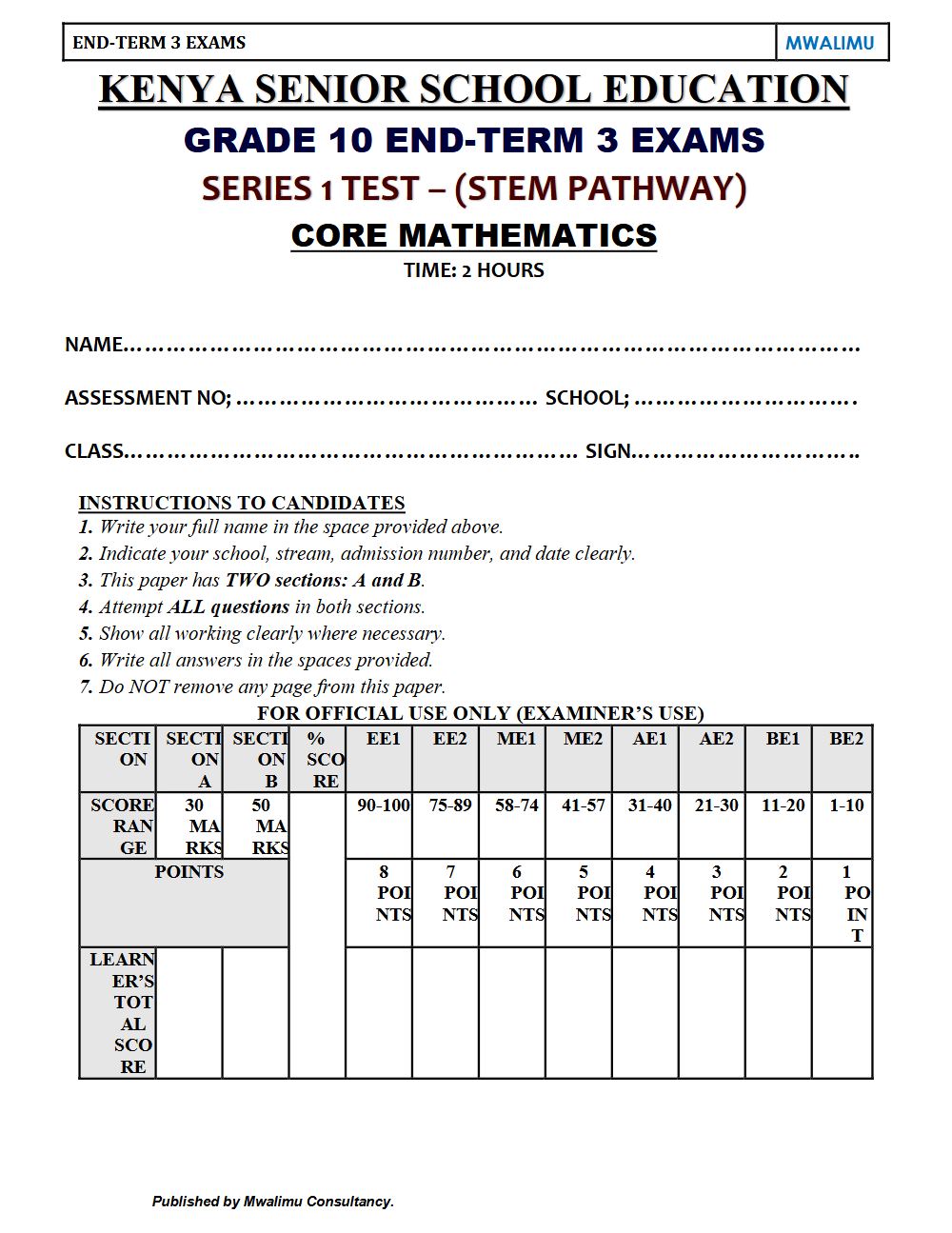 Thumbnail preview of Grade 10 Core Mathematics Paper 3 End Term 3 2026 Exam 6