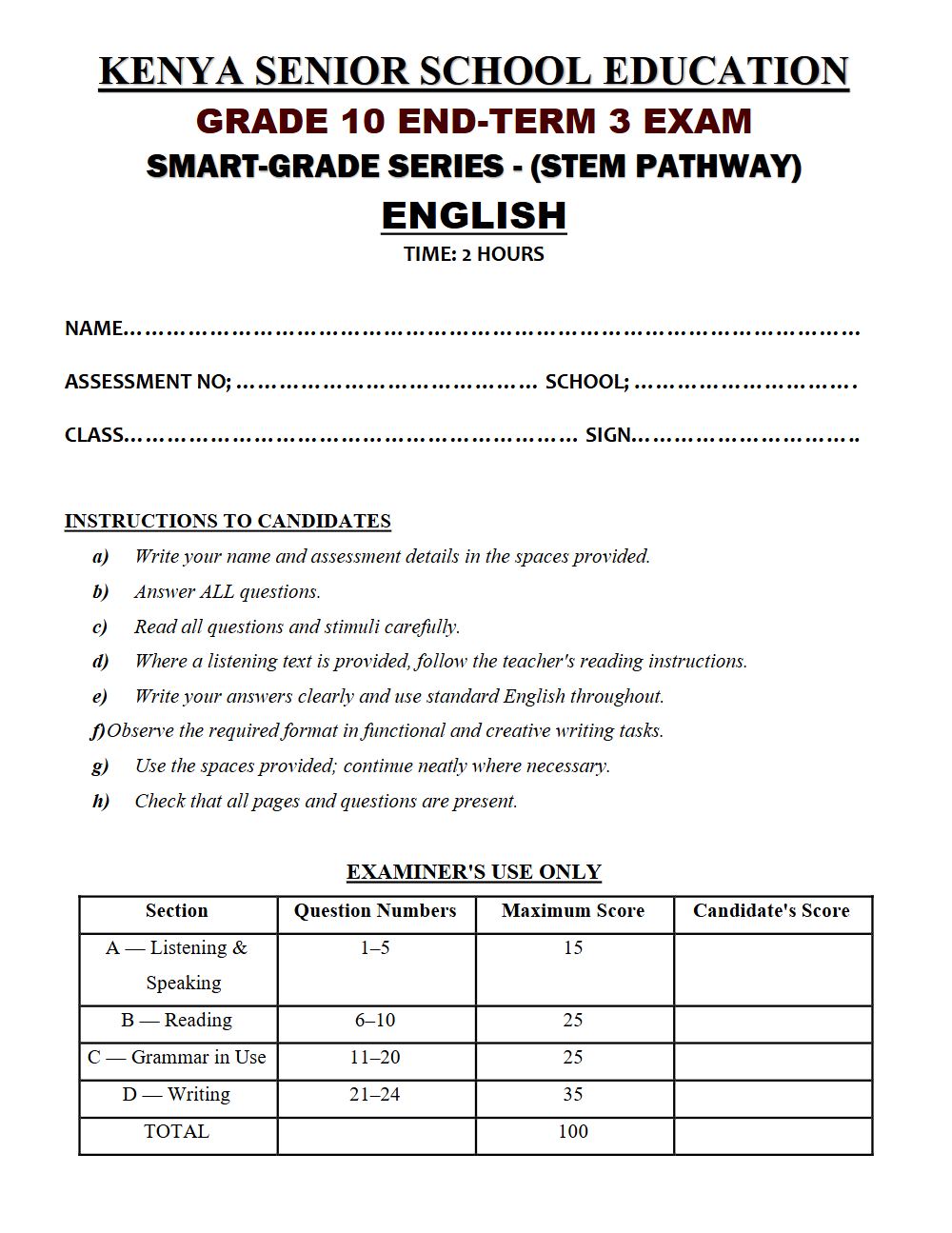 Thumbnail preview of Grade 10 English Paper 1 End Term 3 2026 Exam 7