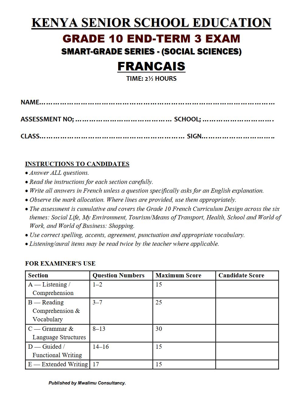 Thumbnail preview of Grade 10 French End Term 3 2026 Exam 7