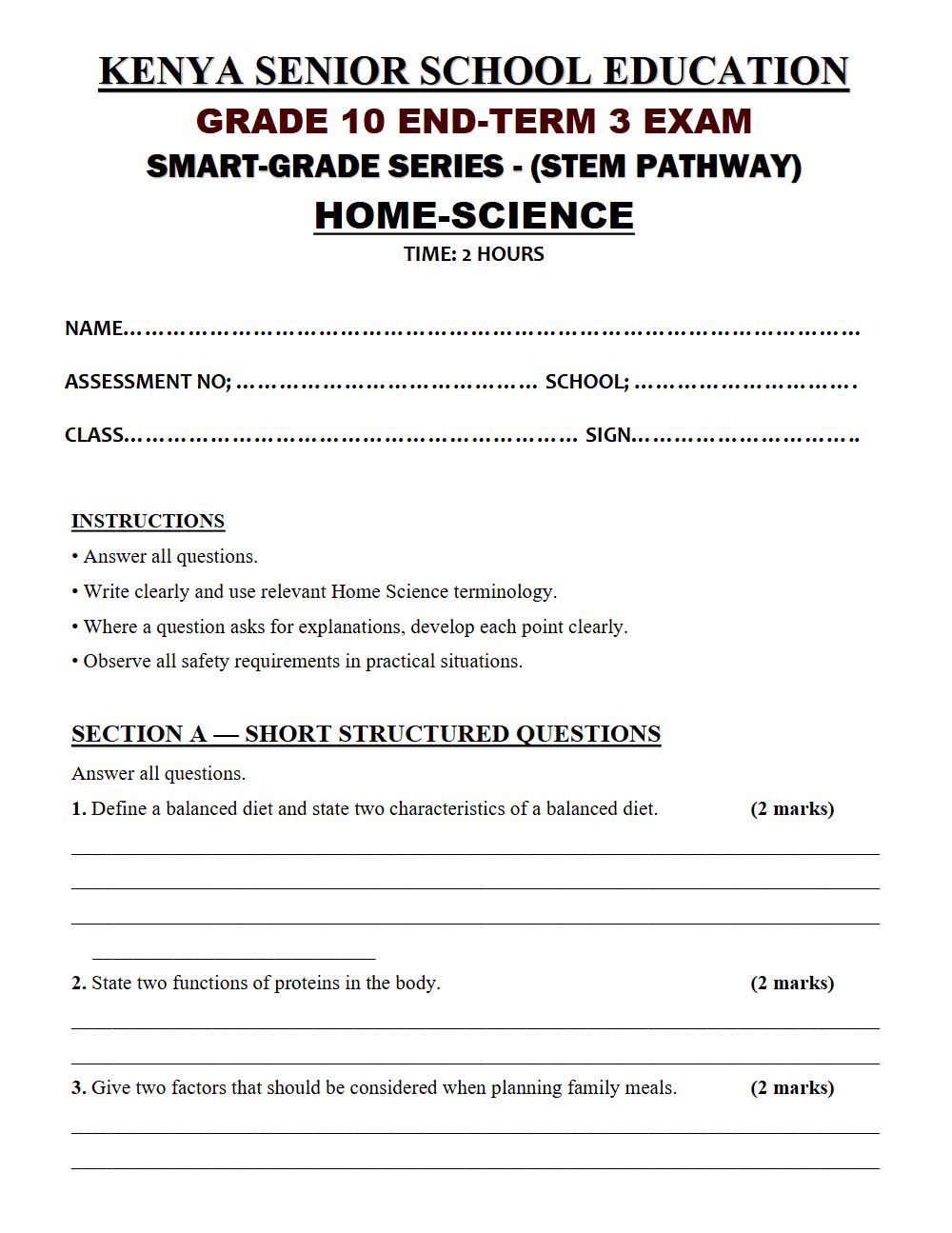 Thumbnail preview of Grade 10 Home Science End Term 3 2026 Exam 7