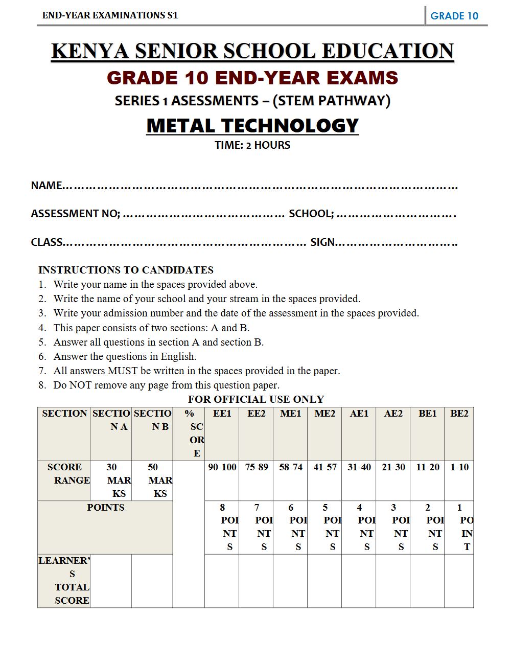 Thumbnail preview of Grade 10 Metal Technology End Term 3 2026 Exam 4