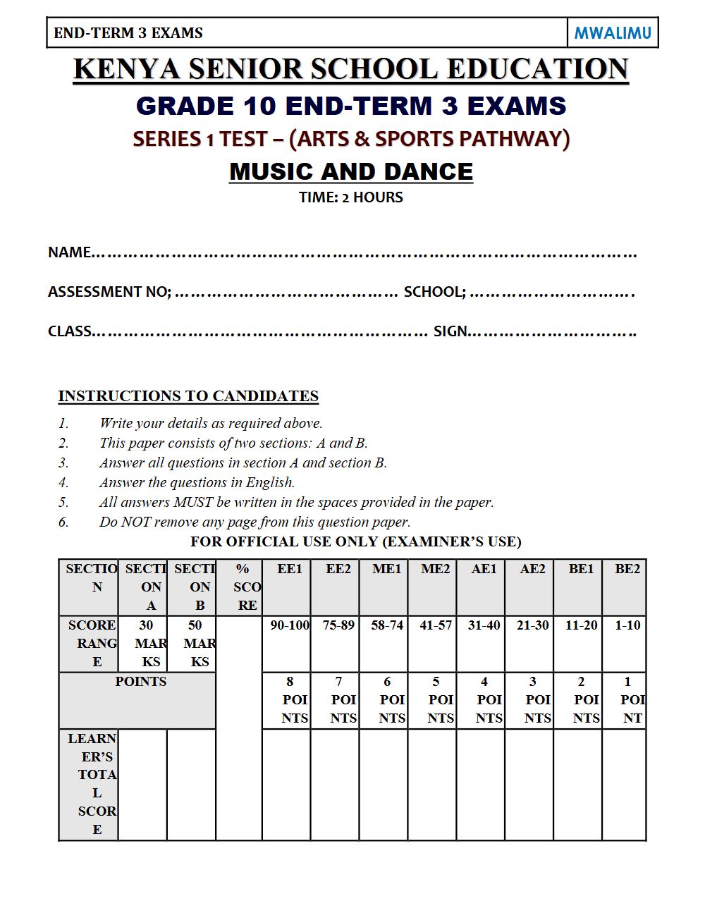 Thumbnail preview of Grade 10 Music And Dance End Term 3 2026 Exam 6