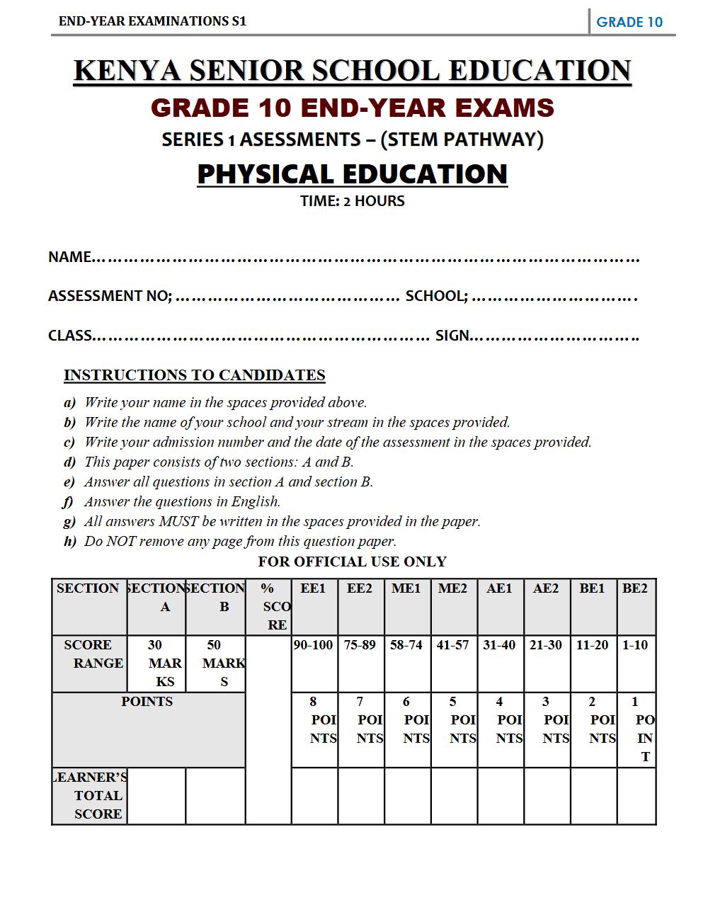 Thumbnail preview of Grade 10 Physical Education Paper 2 End Term 3 2026 Exam 4