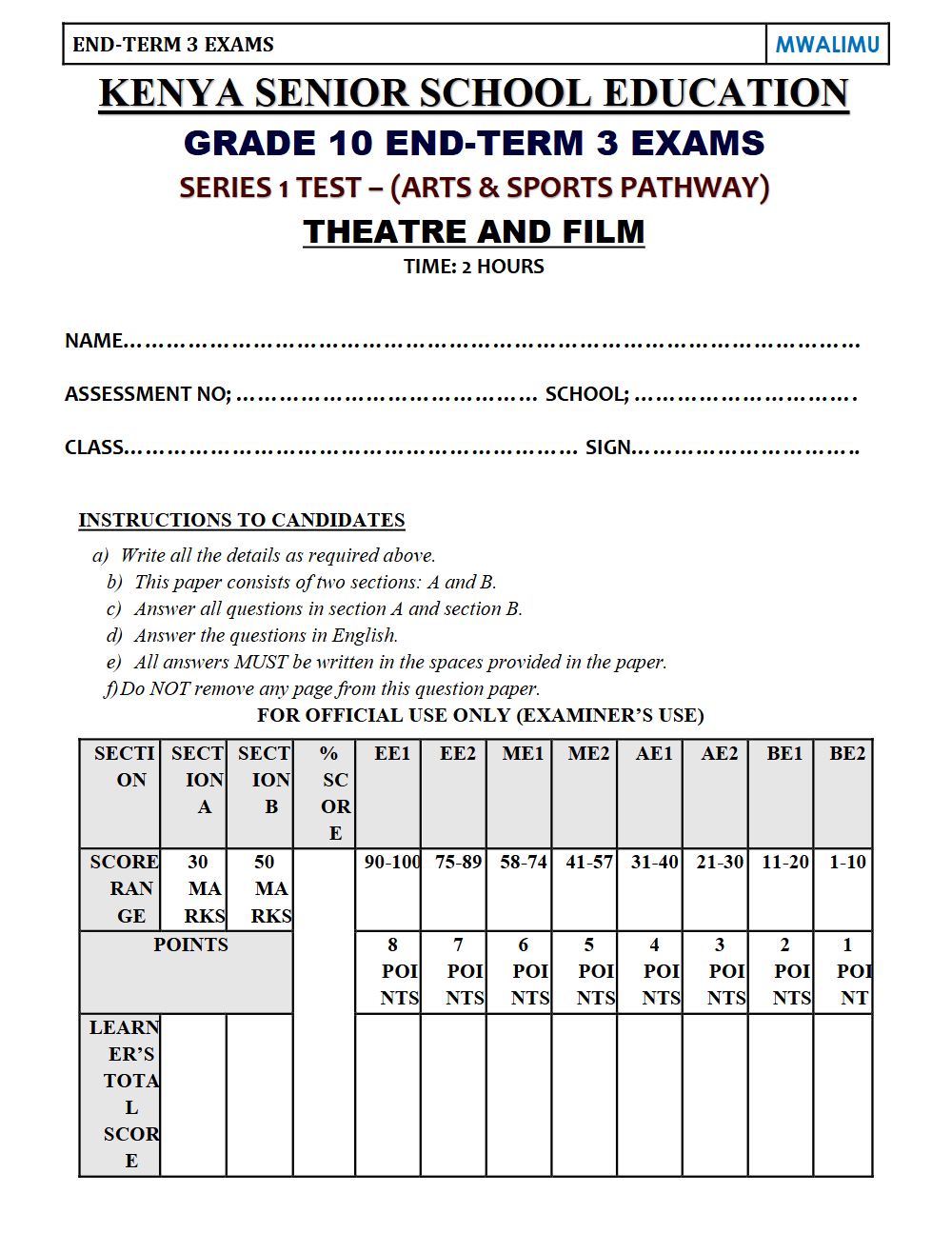 Thumbnail preview of Grade 10 Theatre And Film End Term 3 2026 Exam 6