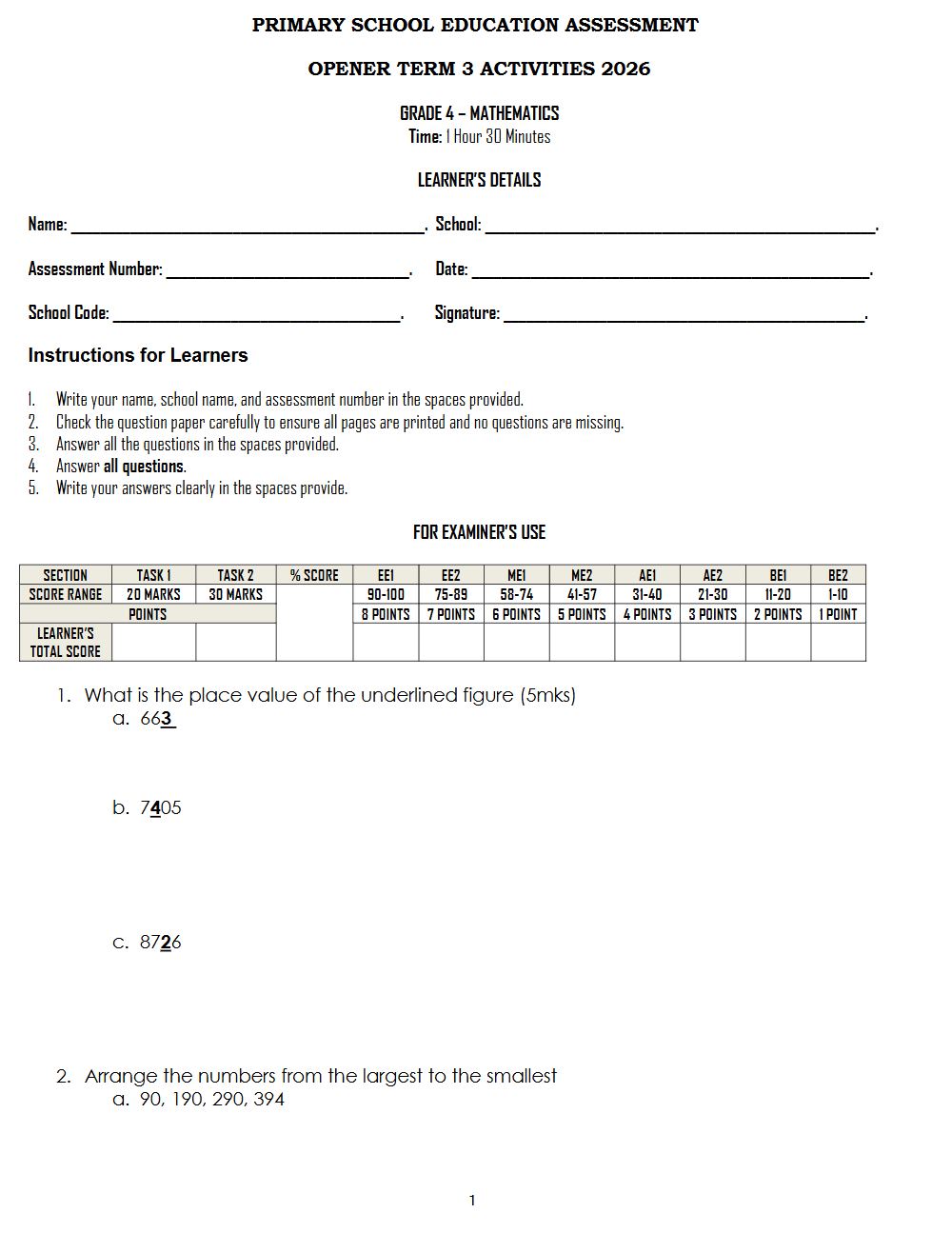 Thumbnail preview of Grade 4 Term 3 2026 Opener Mathematics