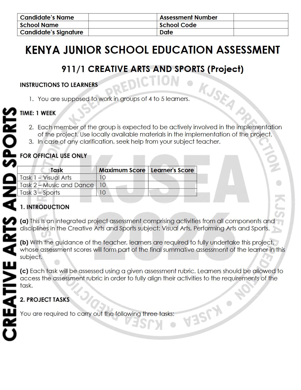 Thumbnail preview of Grade 9 2026 KJSEA Prediction Creative Arts Paper 1