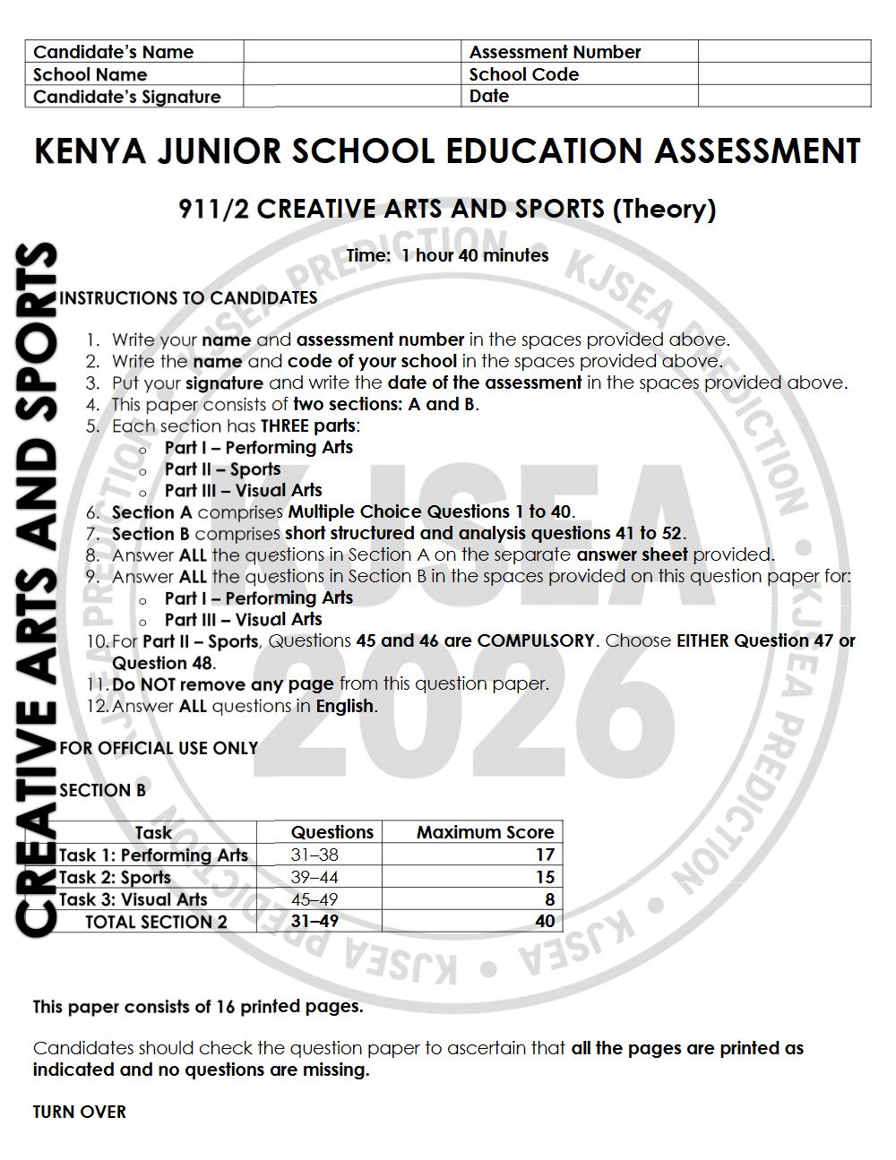 Thumbnail preview of Grade 9 2026 KJSEA Prediction Creative Arts Paper 2