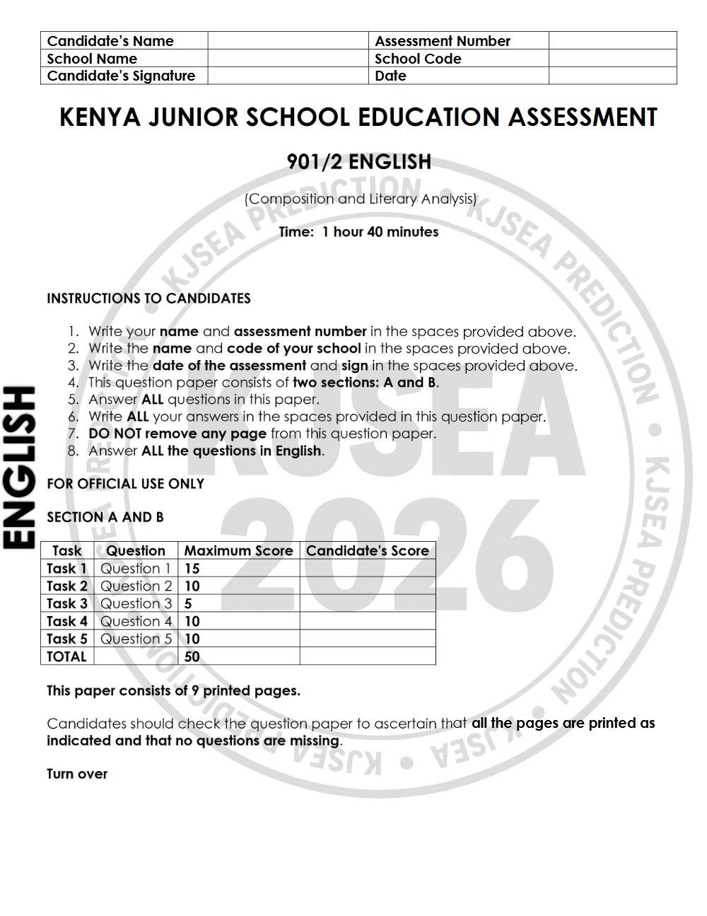 Thumbnail preview of Grade 9 2026 KJSEA Prediction English Paper 2