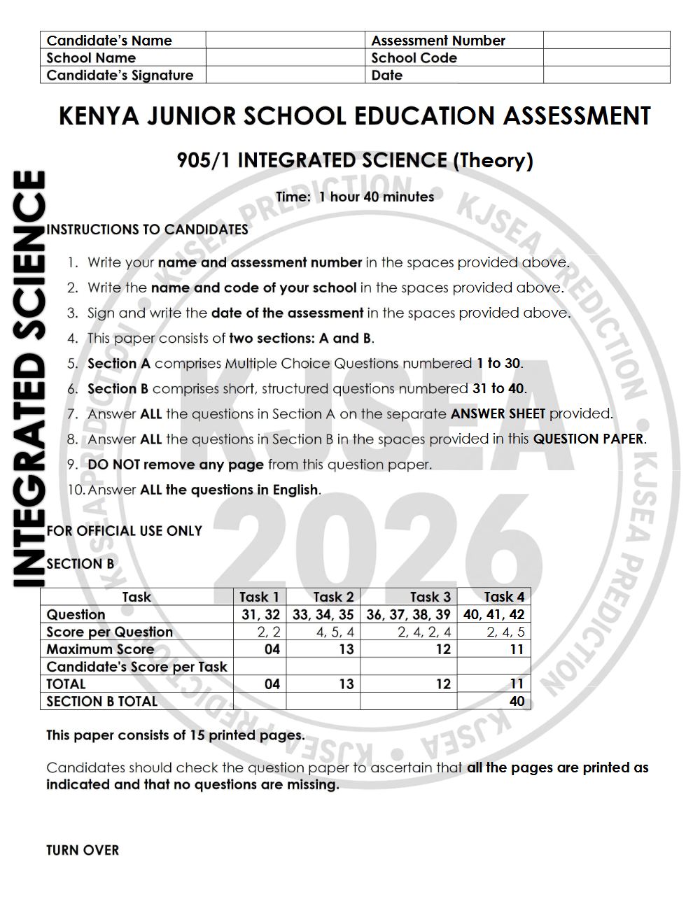 Thumbnail preview of Grade 9 2026 KJSEA Prediction Integrated Science Paper 1
