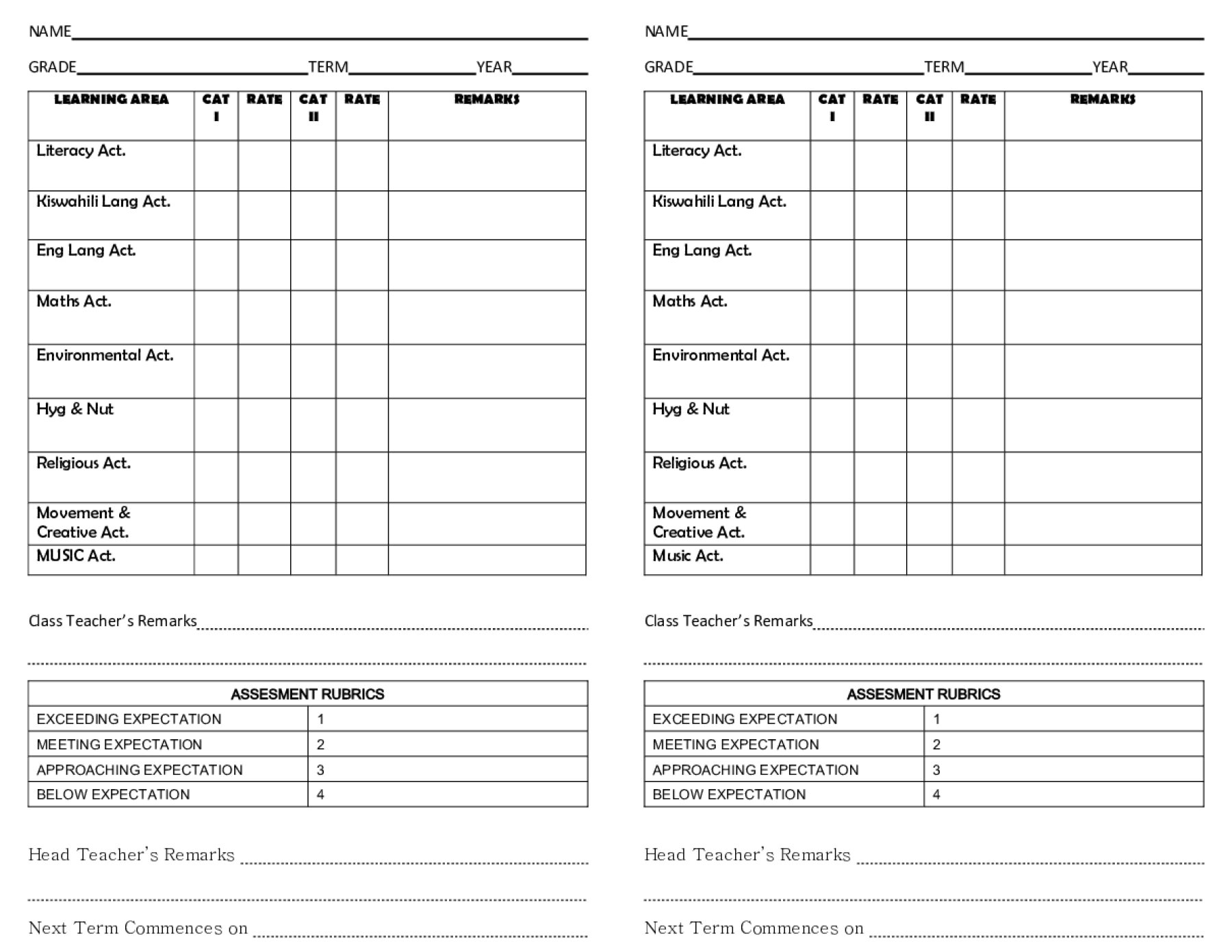 Preview of Grades 1–9 General Assessment Scoresheet 2026