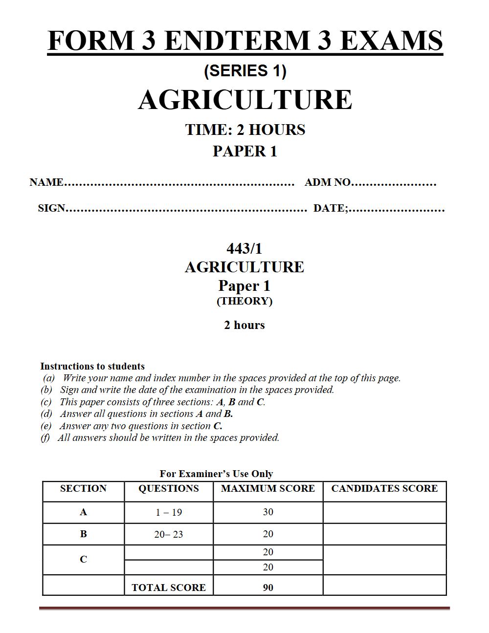 Thumbnail preview of Form 3 Agriculture Paper 1 Term 3 End Term 2026_1