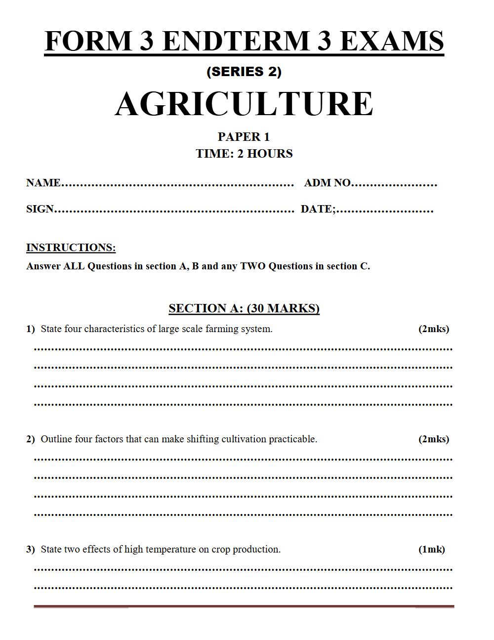 Thumbnail preview of Form 3 Agriculture Paper 1 Term 3 End Term 2026_2