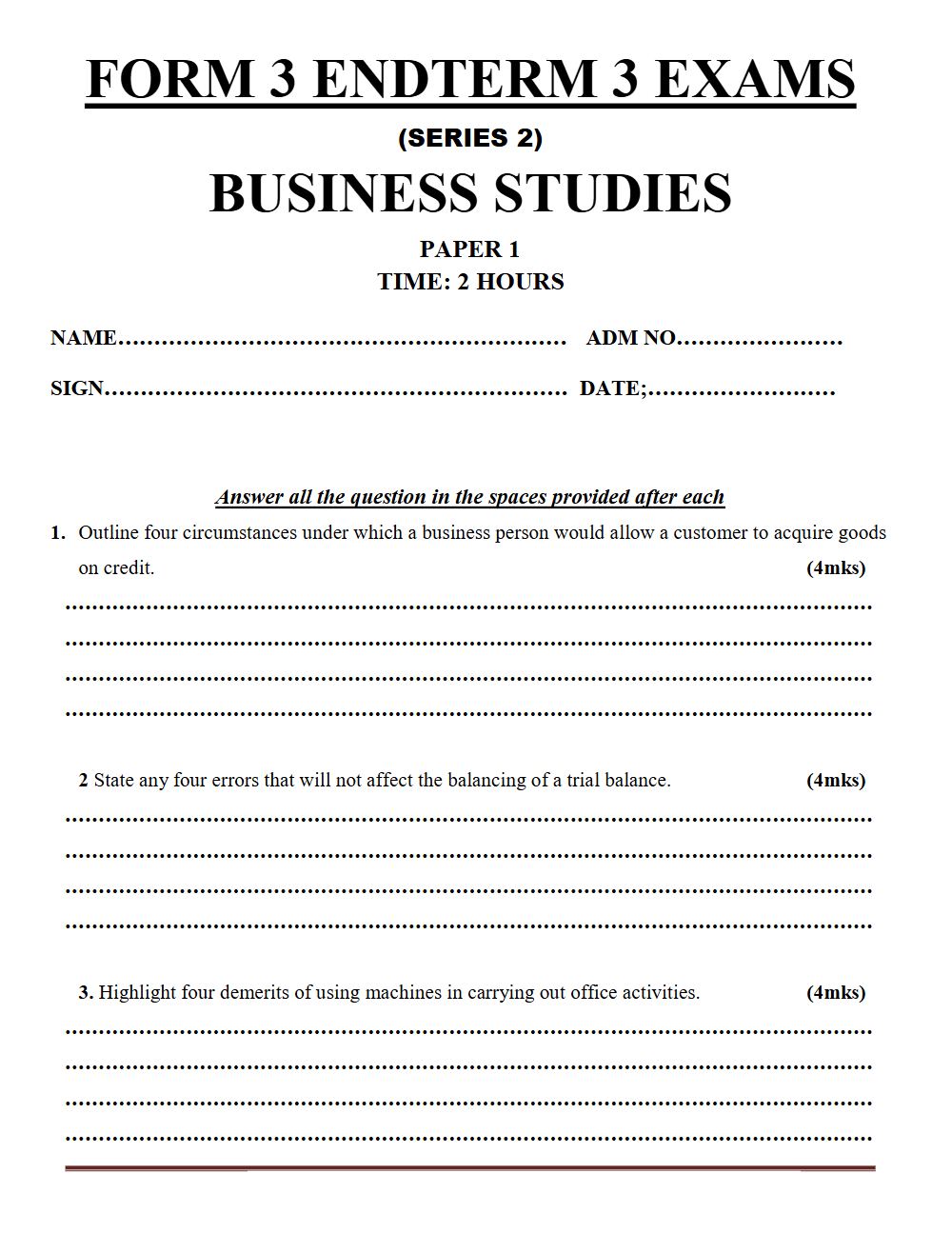 Thumbnail preview of Form 3 Business Studies Paper 1 Term 3 End Term 2026_2