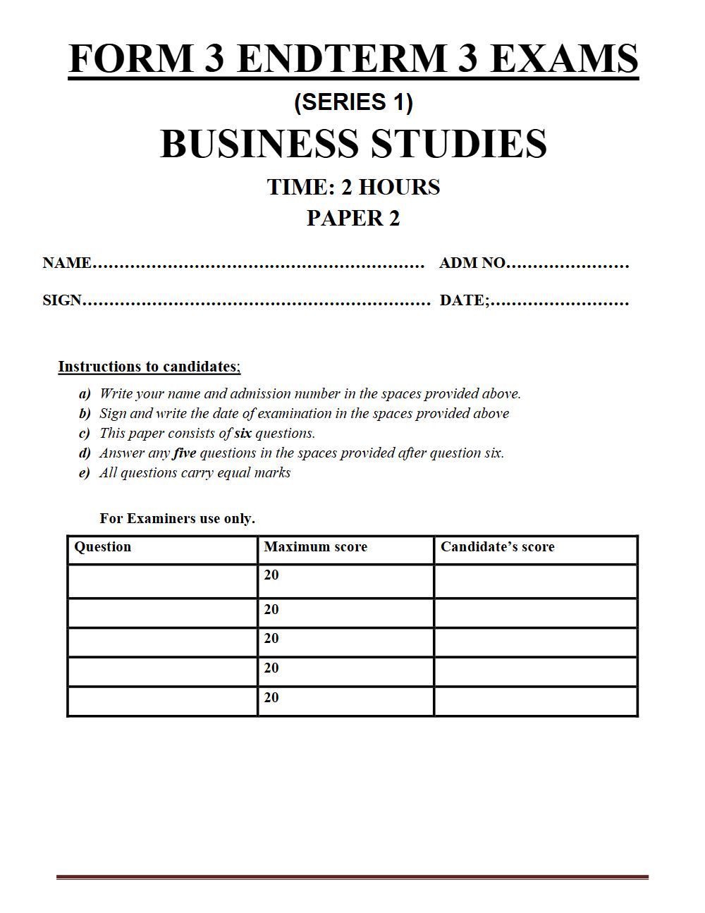 Thumbnail preview of Form 3 Business Studies Paper 2 Term 3 End Term 2026_1