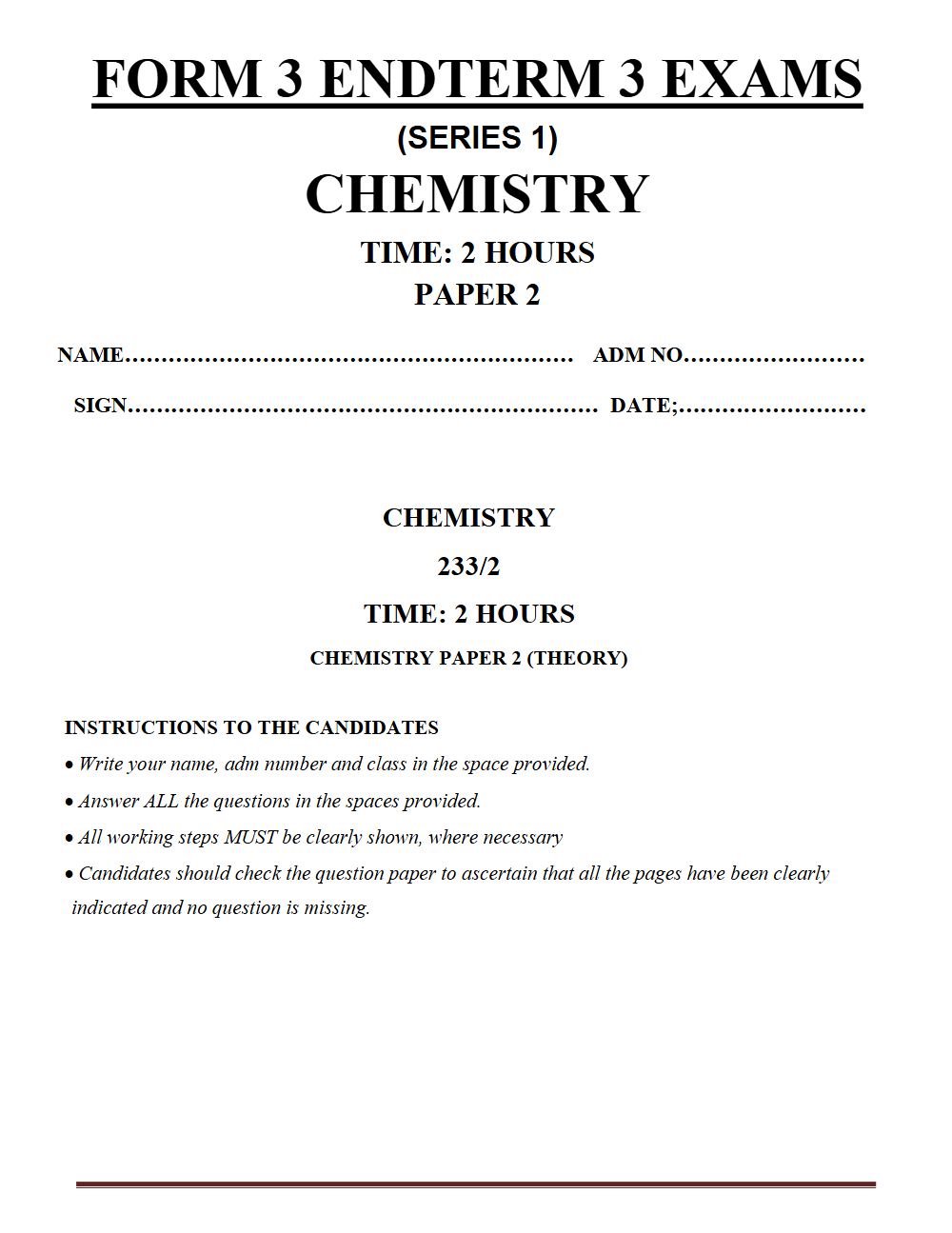 Thumbnail preview of Form 3 Chemistry Paper 2 Term 3 End Term 2026_1